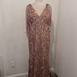 R&M Richards Sequin Gown with Chiffon Wrap Around Cape